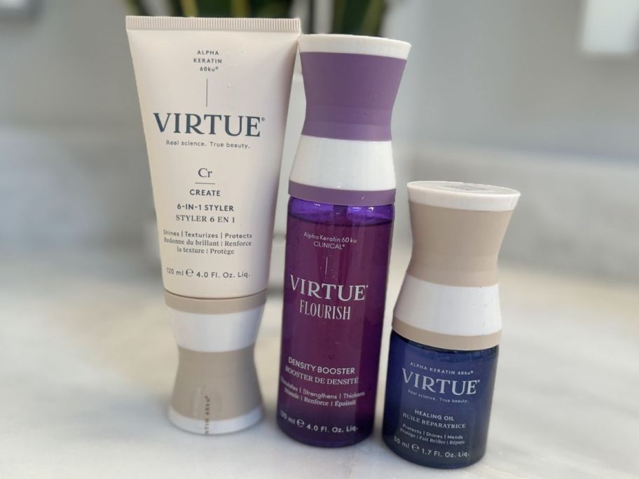 three different virtue hair products 