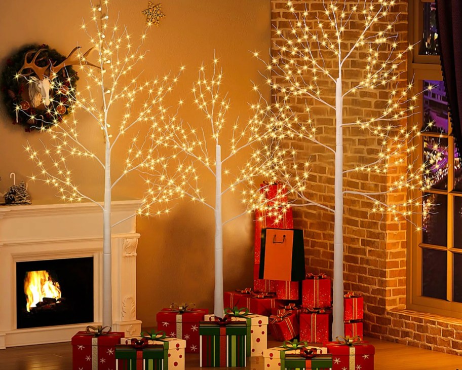 three lighted birch trees