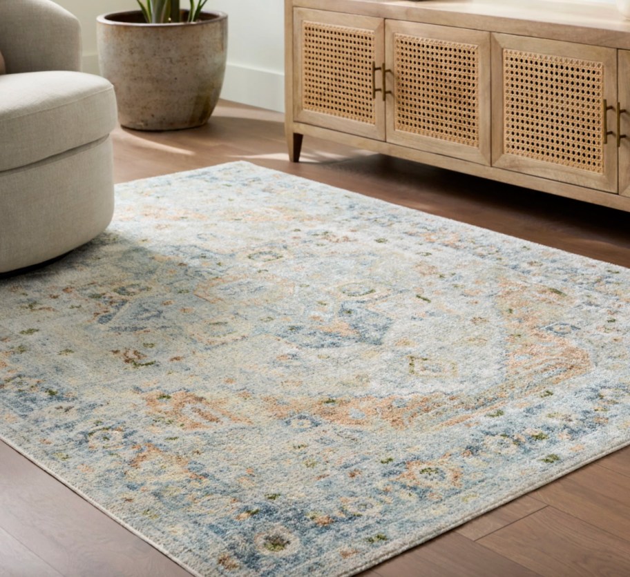 blue grey and orange oriental design area rug