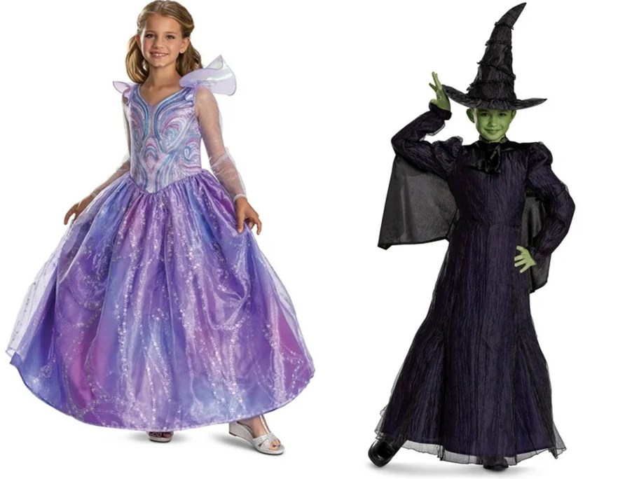 kids wearing purple glinda and black witch costumes 