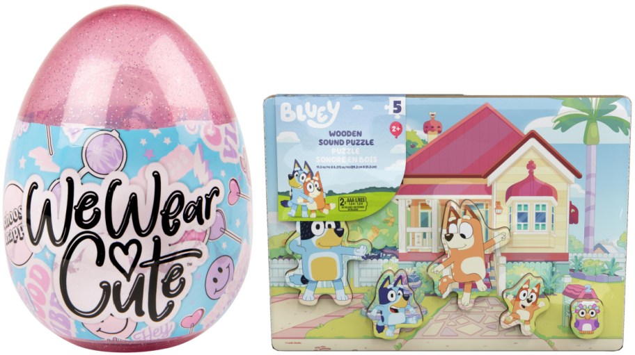A We Wear Cute puzzle egg and a Bluey sound puzzle.
