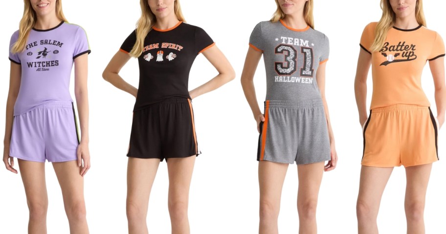 4 women wearing Halloween pajama shirt and shorts sets