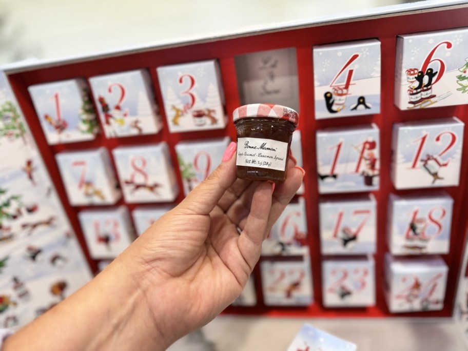 2025 bonne maman advent calendar with jam jars on kitchen countertop