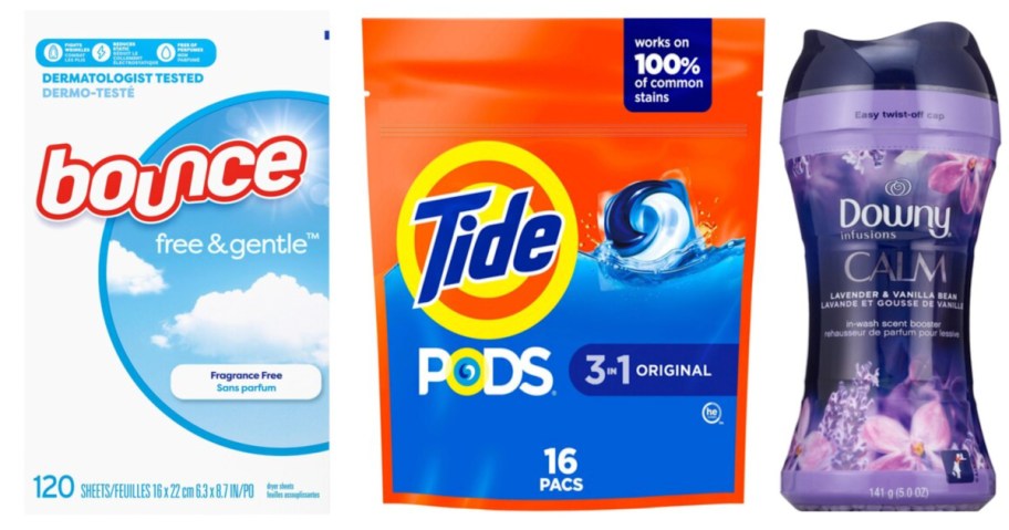 dryer sheets, laundry pods and laundry scented beads
