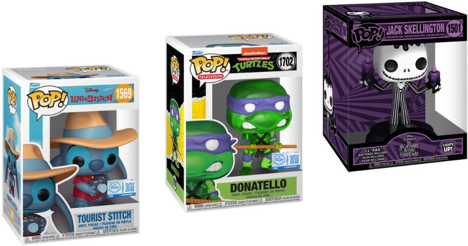 Stock images of a Stitch, Donatello from Teenage Mutant Ninja Turtles, and Jack Skellington Funko POP!