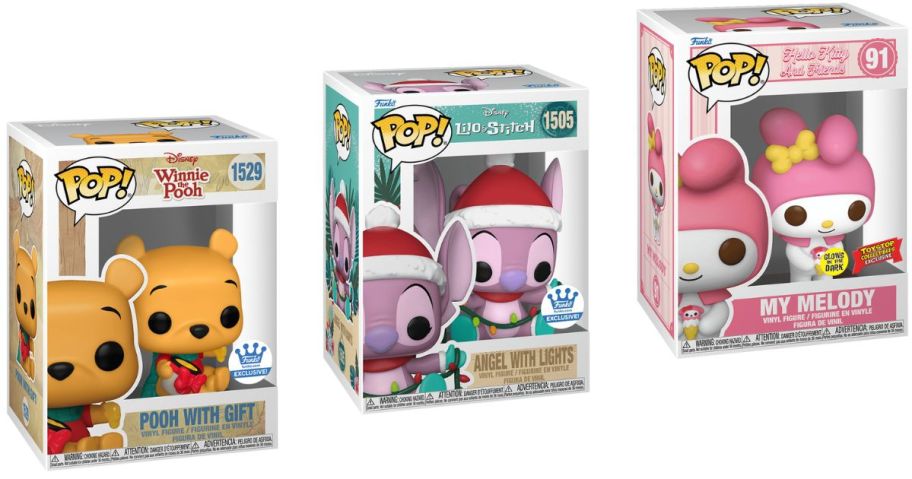 Stock images of a winnie the pooh, angel from lilo & stitch, and My Melody Funko Pop!