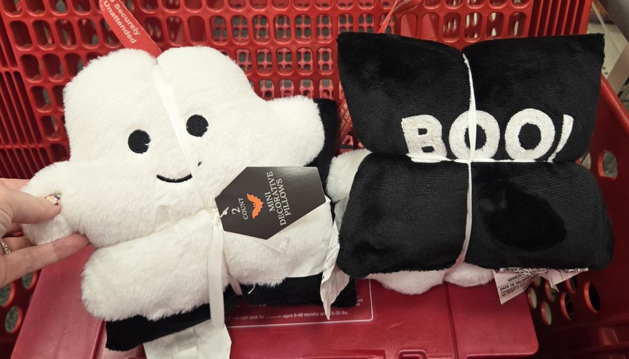 mini ghost pillow and black pillow that says boo!