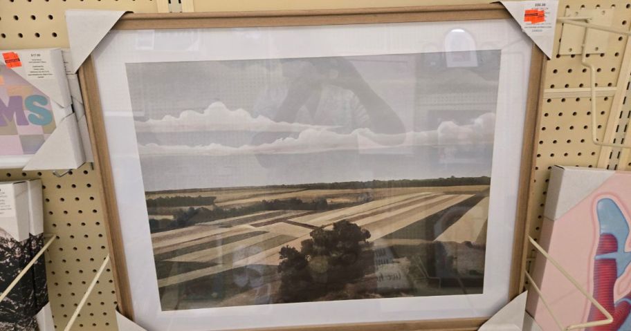 a framed poster of rolling fields