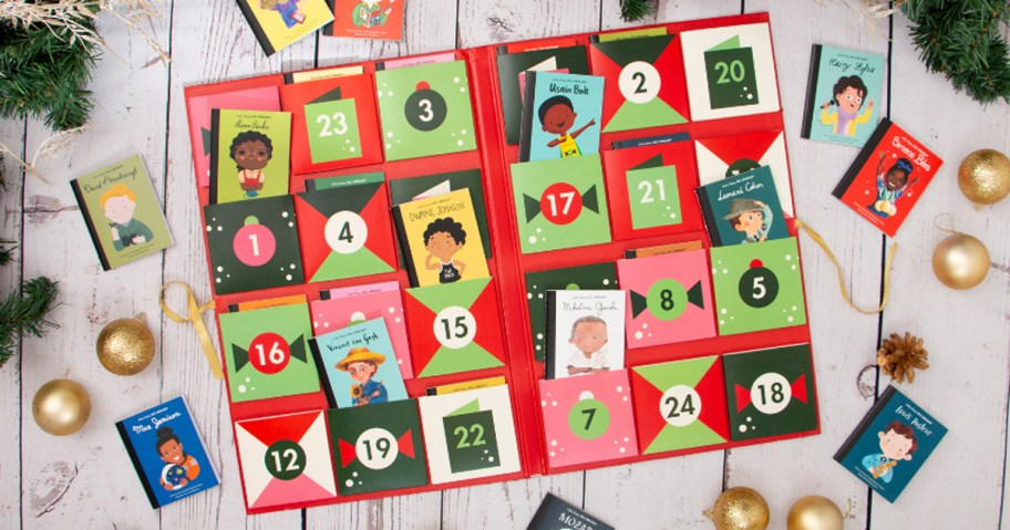 Little People, BIG DREAMS Advent Calendar Mini Book Collection laid out on a table showing select books included
