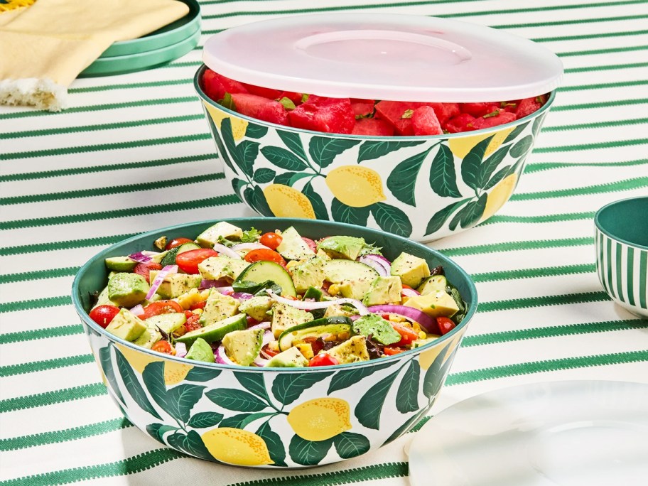 lemon print serving bowls set on a table
