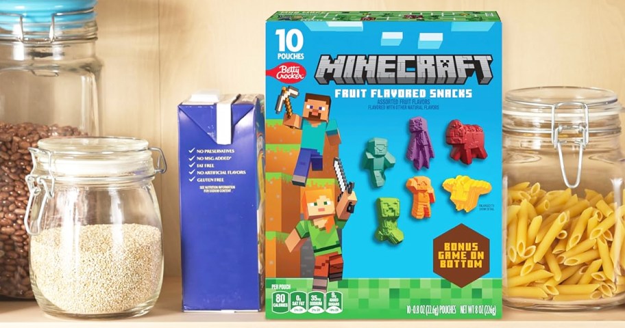 box of Minecraft Fruit Snacks on pantry shelf