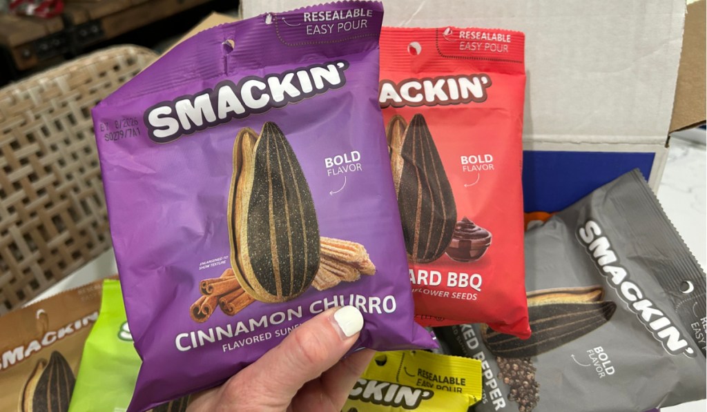 Cinnamon churro and barbecue flavored Smackin jumbo sunflower seeds