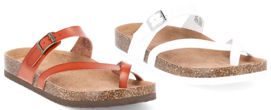 brown and white footbed sandals