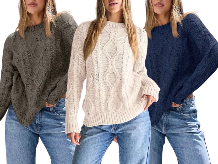 3 women wearing Trendy Queen Women&rsquo;s Crewneck Sweaters