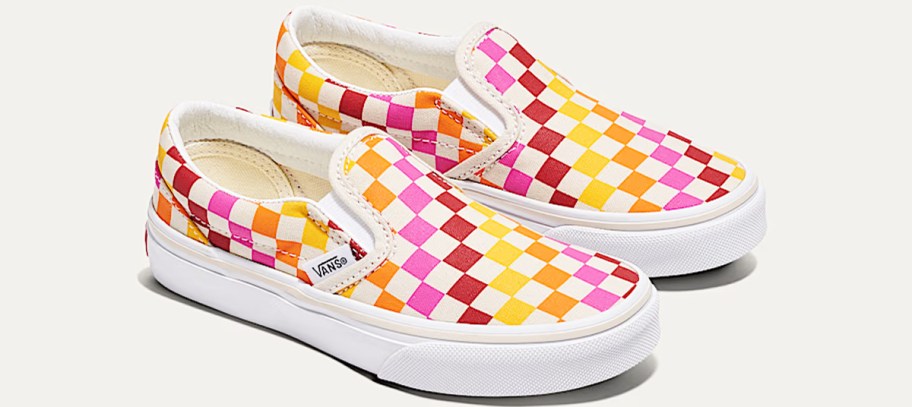 pink, red, orange, and yellow checkerboard print sneakers