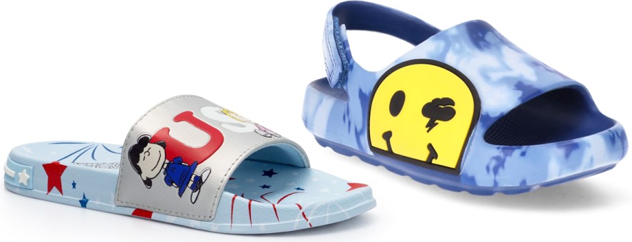 peanuts USA and tie dye smiley face sandals