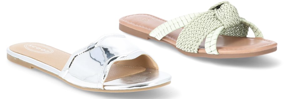 silver and green pairs of slide sandals