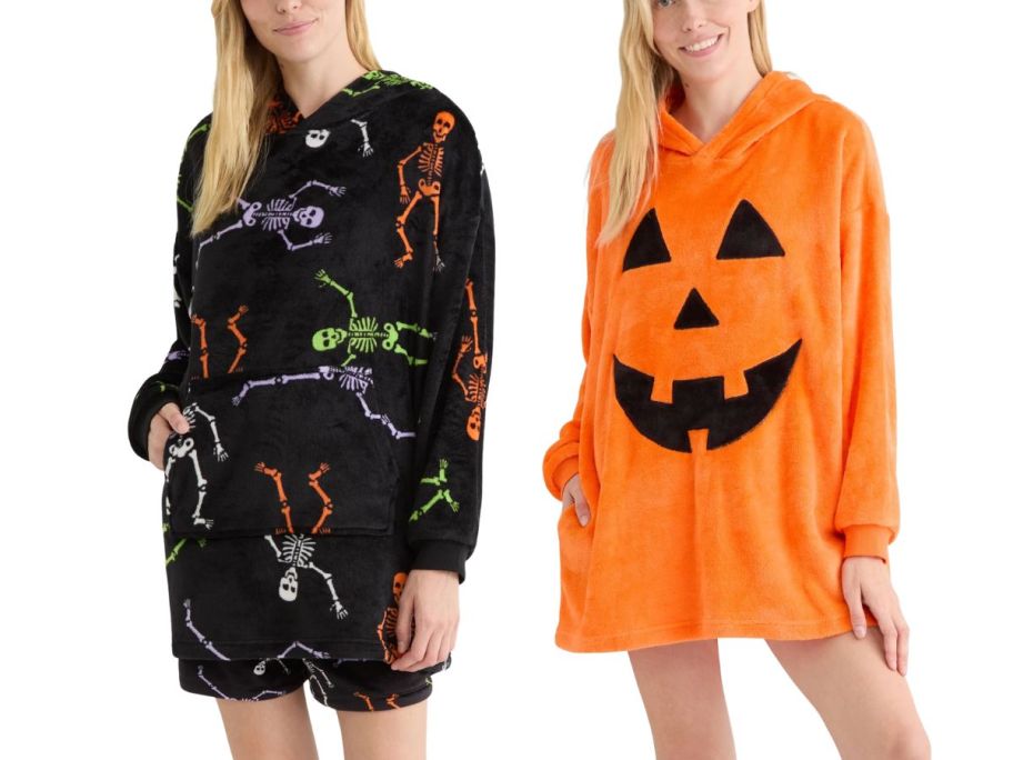 2 women wearing Halloween lounging outfits
