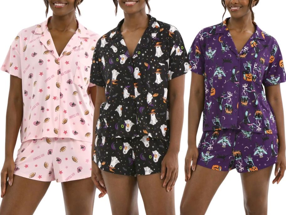 3 women wearing a short sleeved shorts pajama set