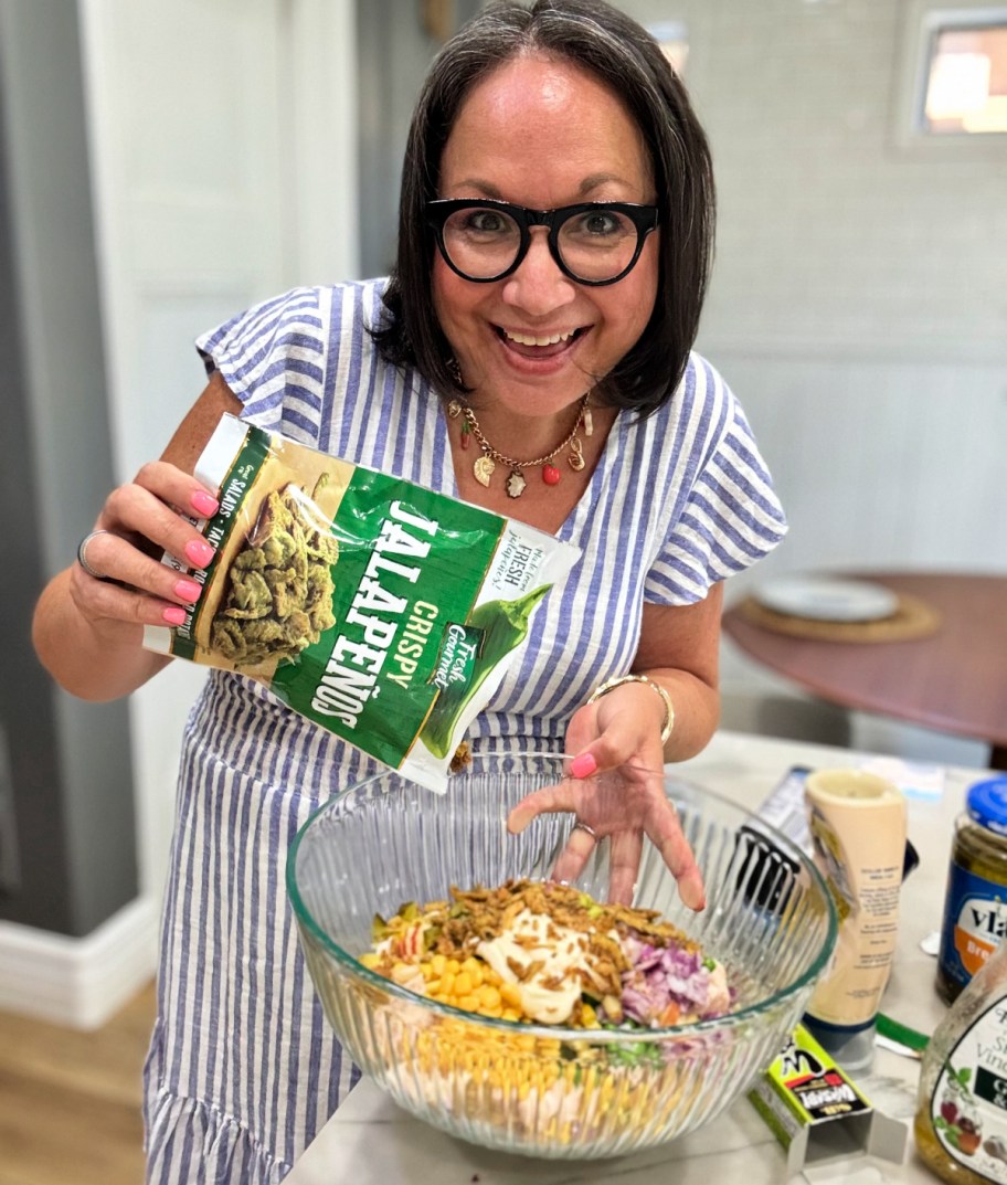 adding crispy jalape&ntilde;os to chicken salad