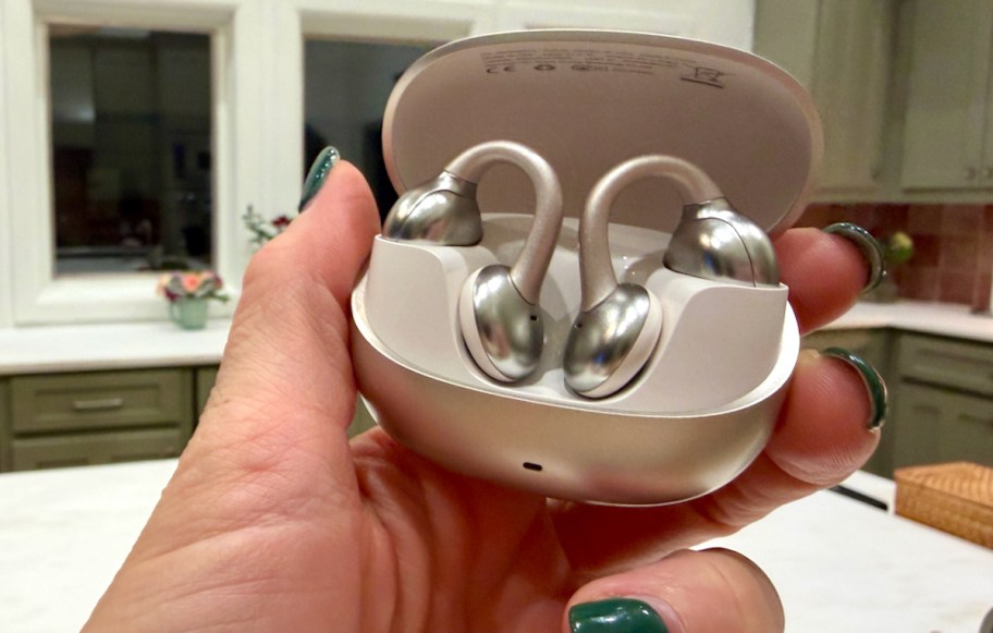 hand holding silver headphones in case