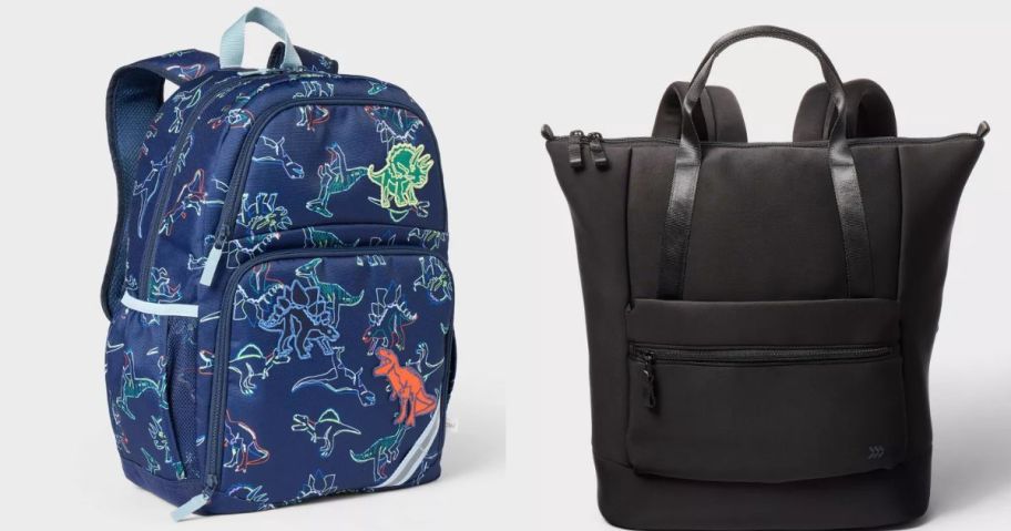 a blue and a black backpack