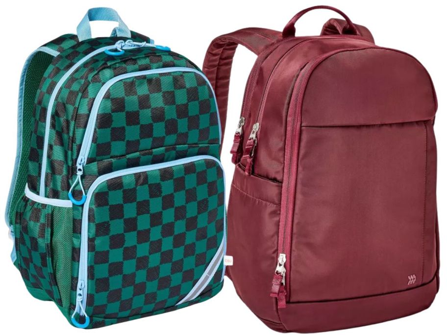 a green checkered backpack and a burgundy backpack