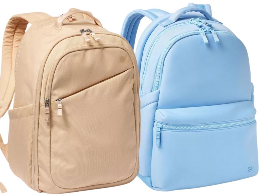 a beige and a blue backpack