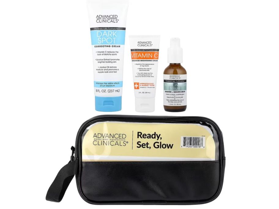 A bag with 3 skin care bottles