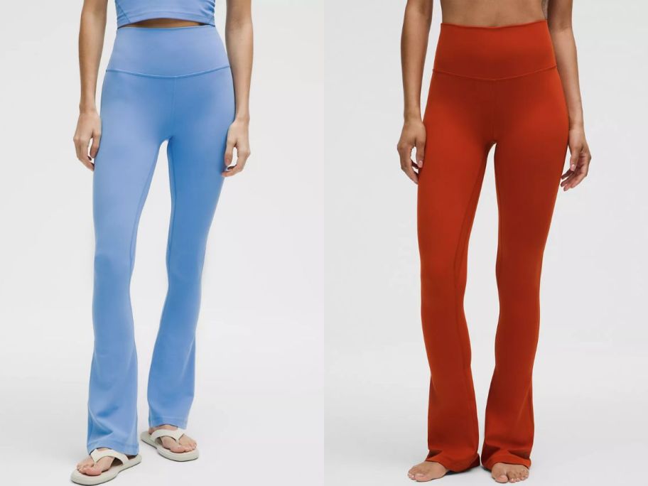 Stock images of two women wearing lululemon align flare leggings in blue and burnt orange