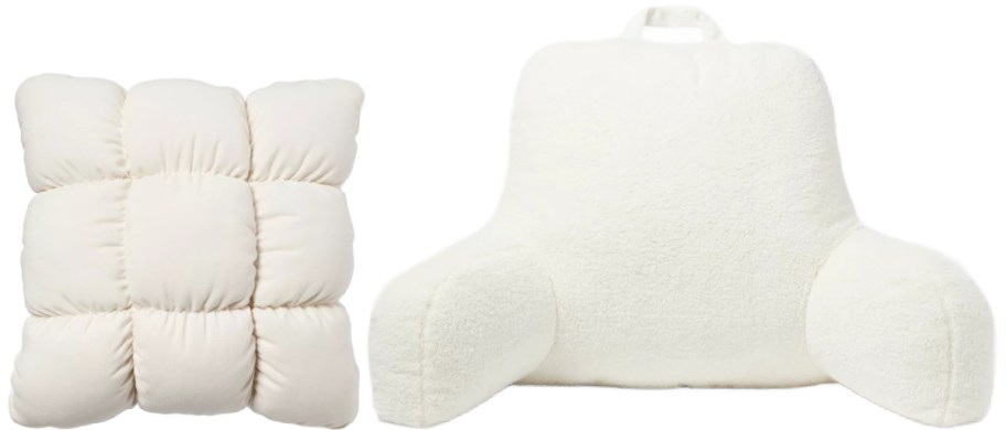 Two cozy pillows are shown: a quilted square pillow on the left, and a plush armchair-shaped pillow on the right, both in soft cream tones.