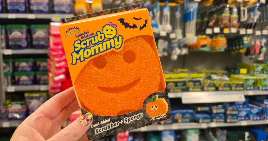 scrub mommy pumpkin in hand