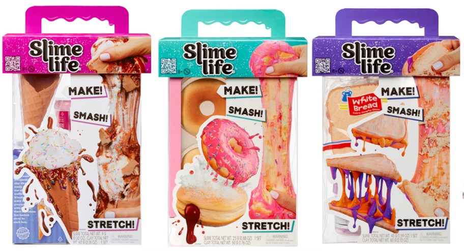 three slime life boxes that look like ice cream, donuts, and pb&j
