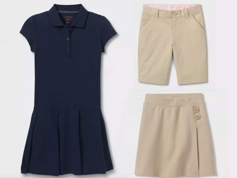 navy uniform dress and tan shorts and skort