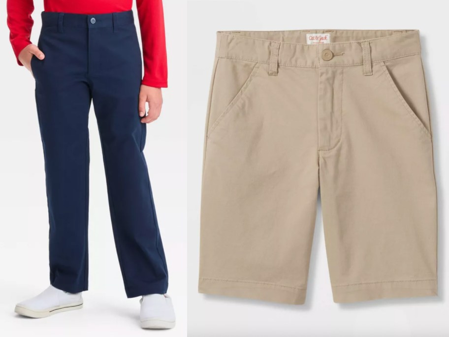 boy in blue pants and tan shorts