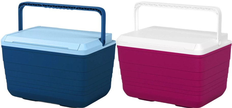 Two portable coolers side by side: one is blue with a navy handle, the other is magenta with a white handle.
