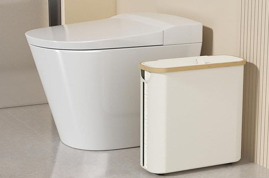 toilet paper storage bin next to a toilet