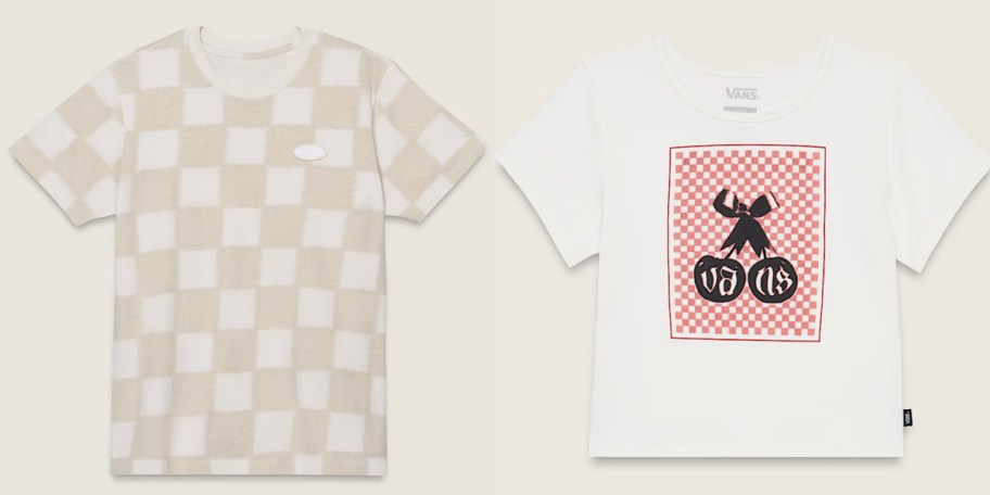 tan checkerboard shirt and cherry checker shirt