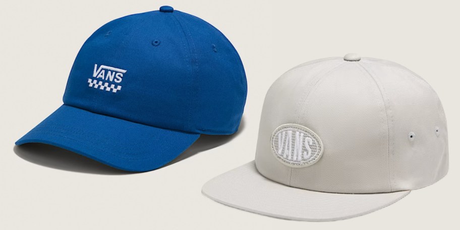 blue and tan baseball hats