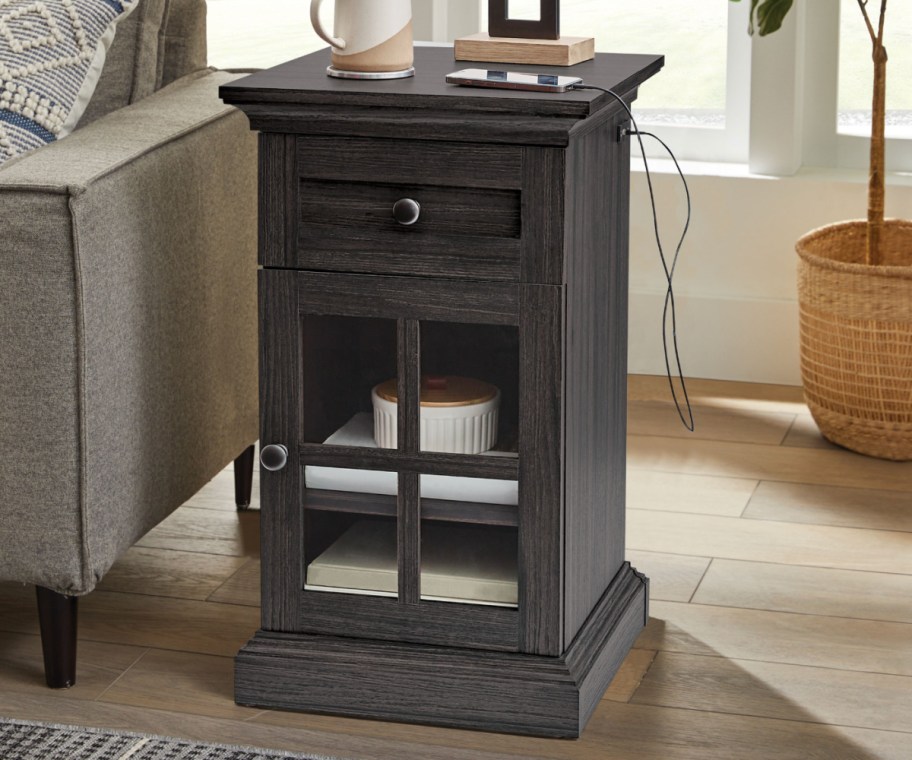 black square end table with drawer and cabinet with glass