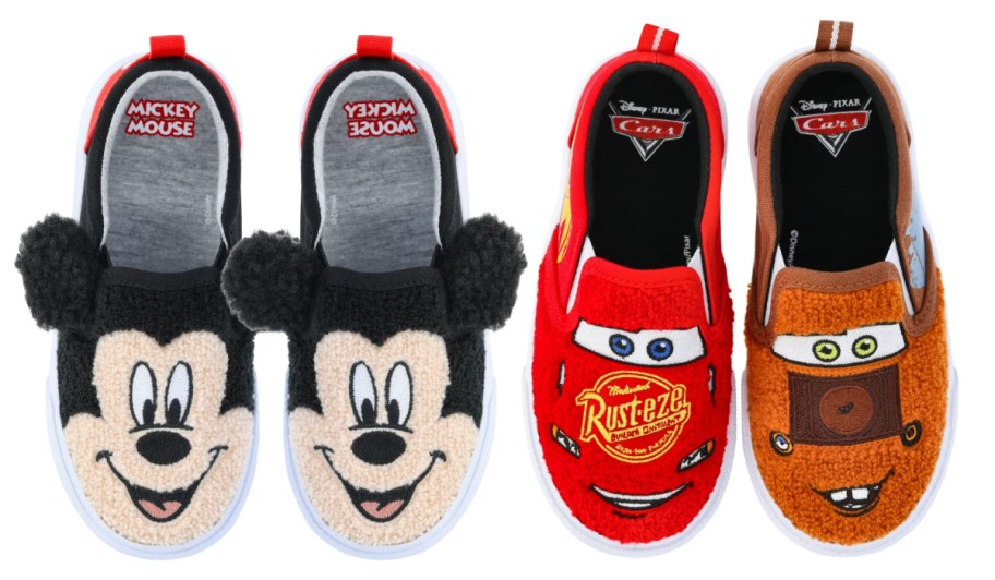 two mickey mouse shoes, and one red car and brown truck shoes