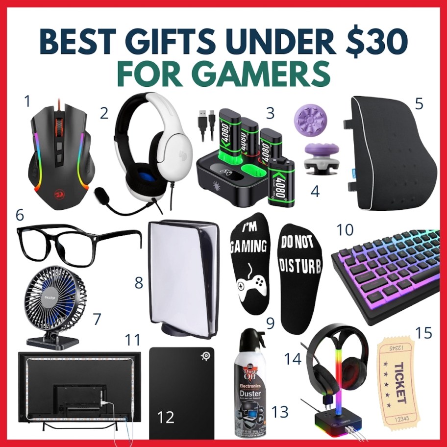 best gifts for gamers under $30 with collage of stock photo items