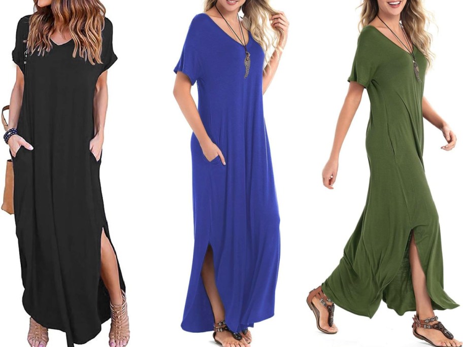 Stock images of 3 women wearing maxi dresses in black, blue and army green
