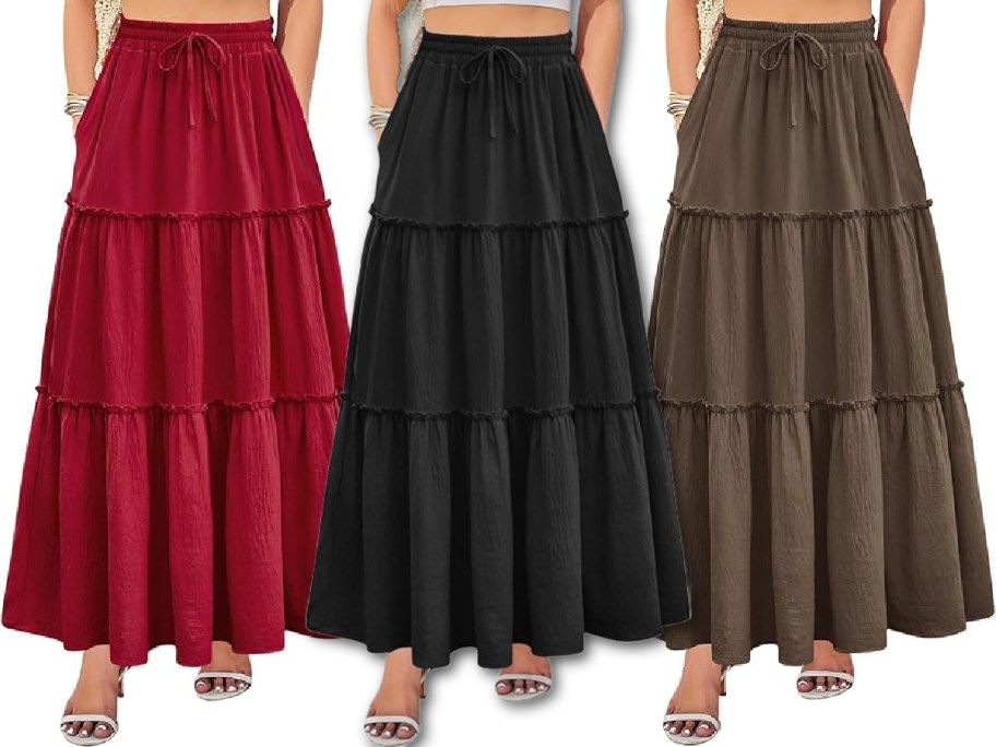 Stock images of 3 maxi skirts in red, blackm and brown color options