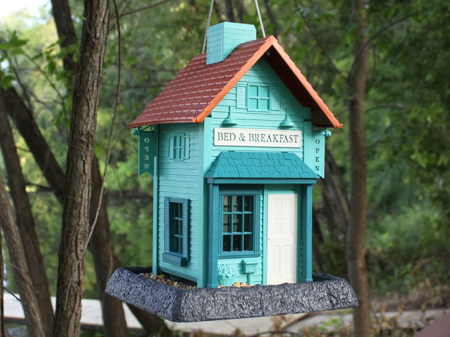 teal bed & breakfast style bird feeder hanging from tree