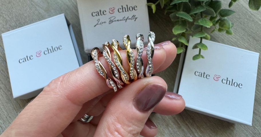 Hand holding a Cate & Chloe Lauren Earrings 3-pair Set