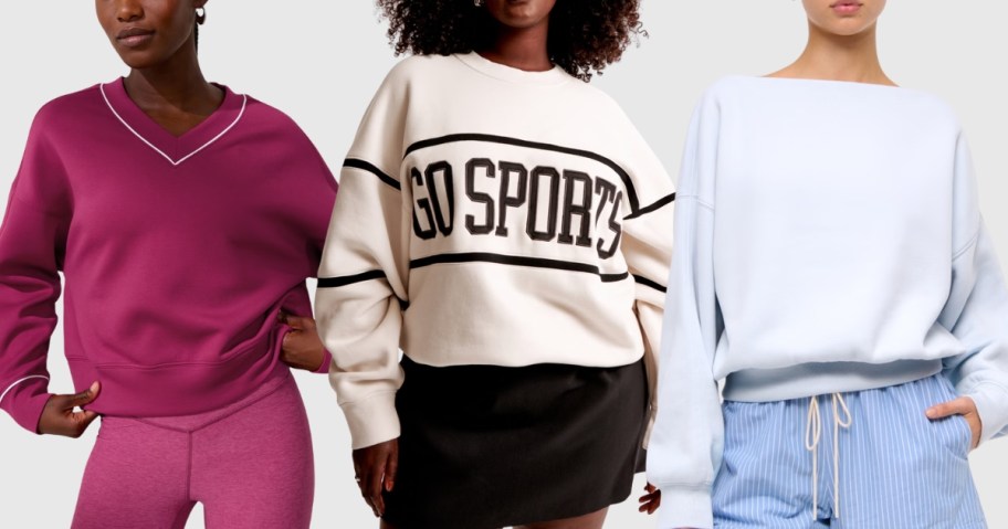 3 women wearing different sweatshirts and pants