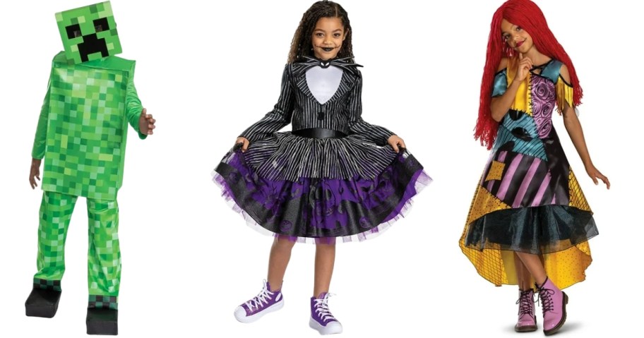 kids in Halloween costumes - Minecraft Creeper, Nightmare Before Christmas Jack and Sally