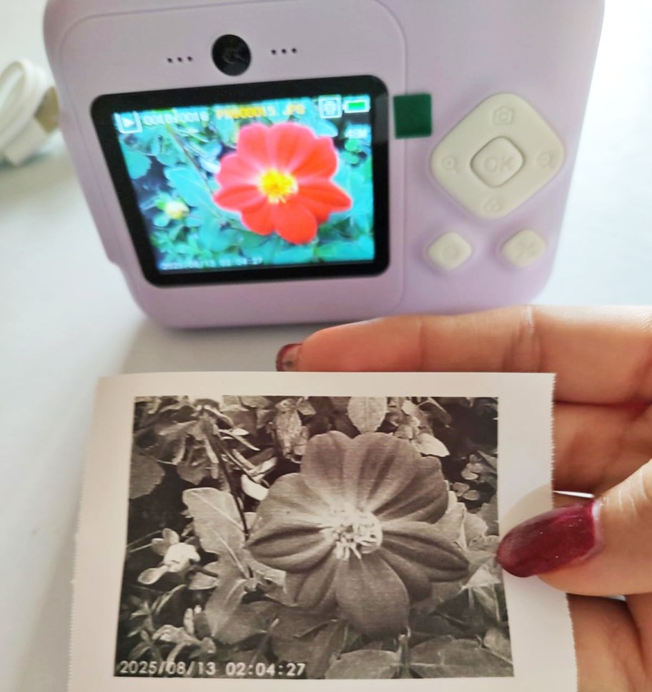 hand holding a black and white print of a flower thats displayed in color on a digital camera in background