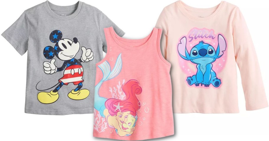 Stock images of two tees and a tank top featuring Disney chracters